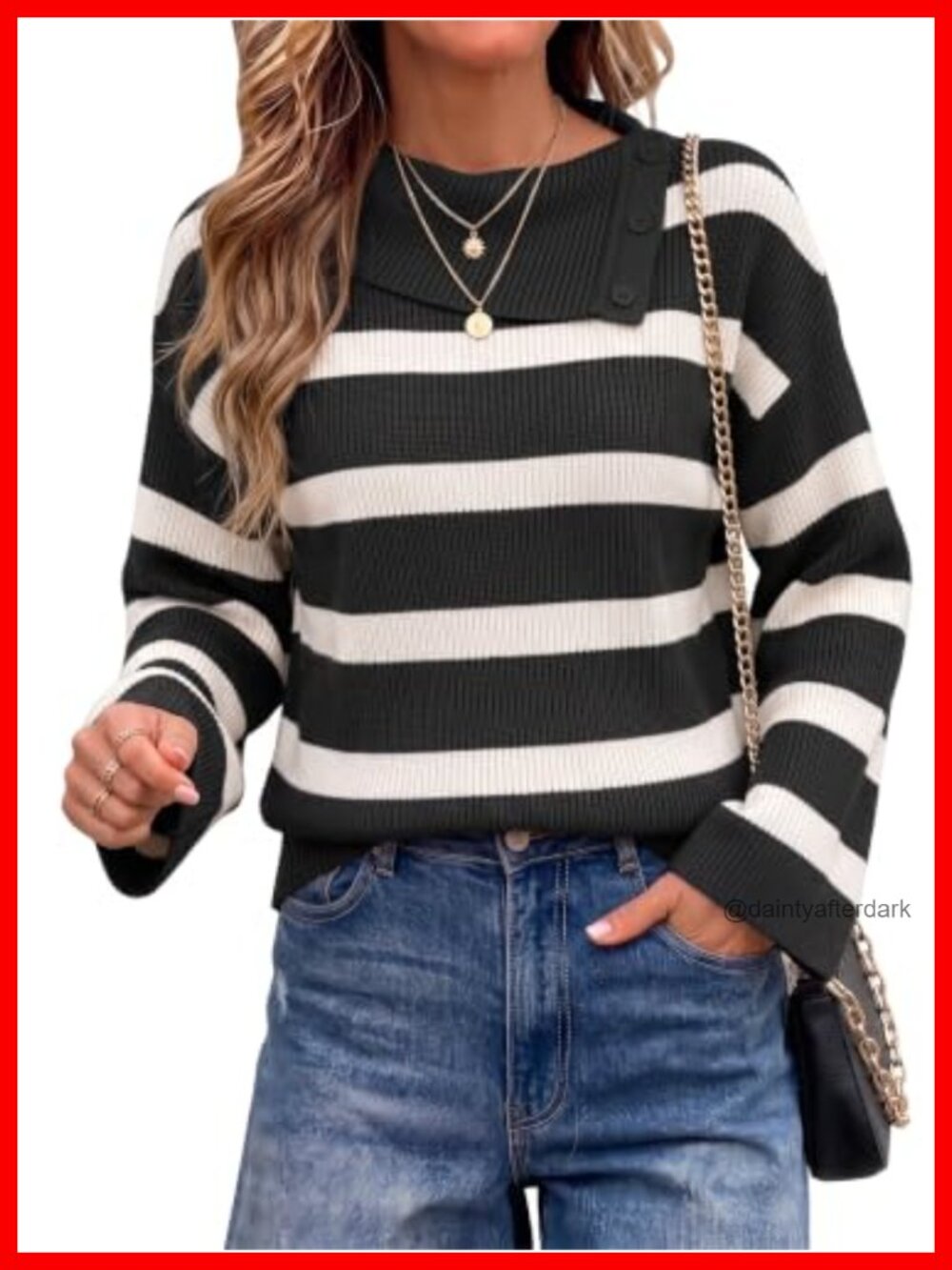 Striped Turtleneck Knit Pullover Sweater Women Bell Sleeve Oversized